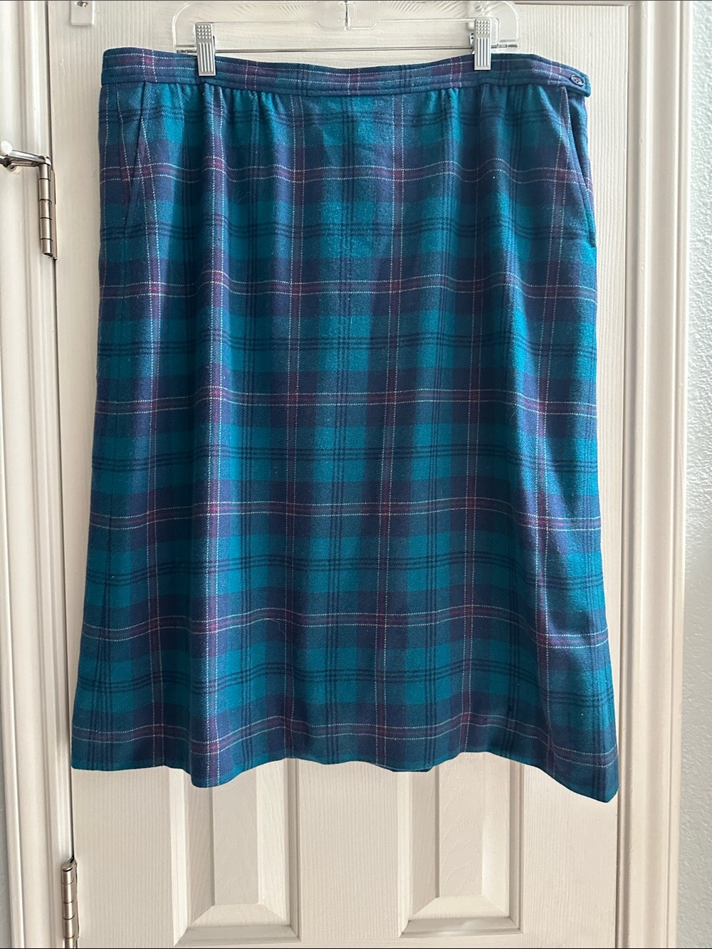Vintage Pendleton Teal Navy Plaid Midi Skirt Wool USA Women’s 16? preppy classic